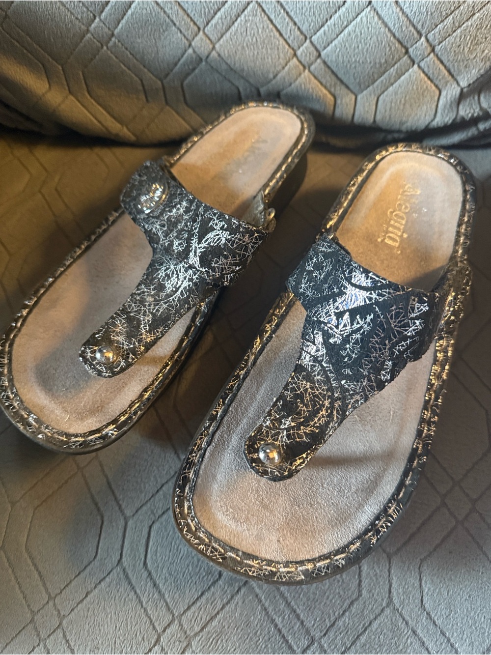Alegria Black Silver Patterned Thong Sandals- Sz 41